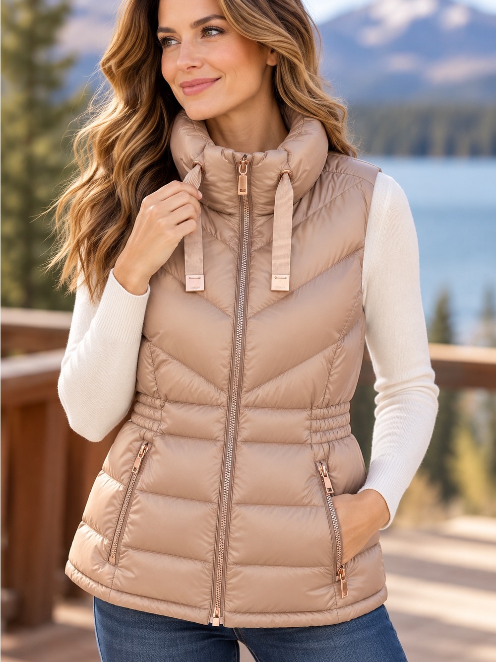Athleta Banner Peak Down Vest Taupe Rose Gold Size Medium 800 Fill Puffer